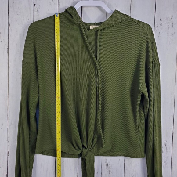 Lily White Knit Crop Sweatshirt Hooded Womens Size Medium Green Light Weight - Picture 6 of 8